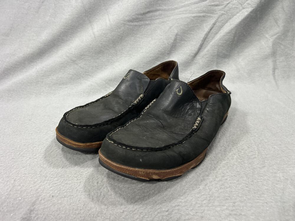 OluKai Moloa Shoes Mens Size 11.5 Black Leather Slip On Comfort Casual Loafers
